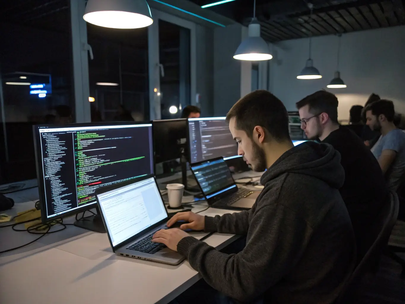 A professional image depicting a modern office environment with software developers collaborating on a project, representing the Software Development industry.