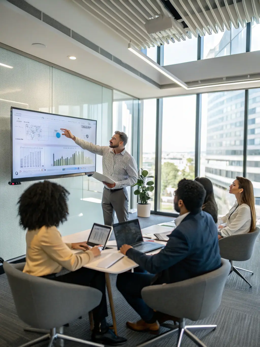 A Value Added Recruiting consultant is presenting a shortlist of candidates to a client in a modern office setting, emphasizing the dedicated approach of retainer-based searches.