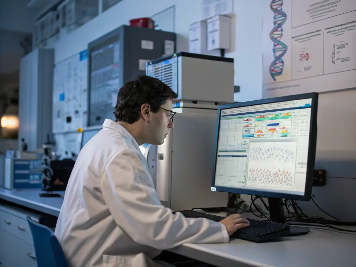 A scientist in a lab coat is analyzing data on a computer screen, with various beakers and lab equipment visible in the background, representing the drug development industry.