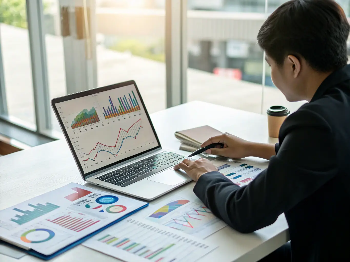 A financial analyst is reviewing market data and investment portfolios on multiple screens in a high-tech office environment, representing the finance industry.