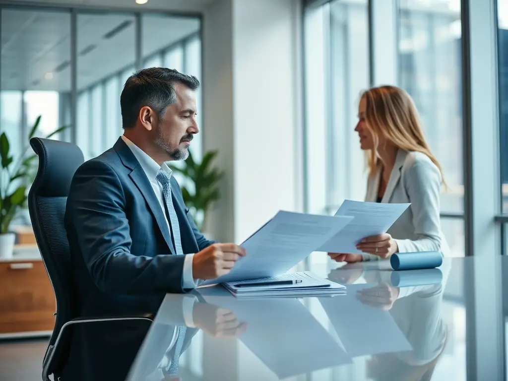 A professional recruiter is deeply engaged in a discussion with a hiring manager, reviewing candidate profiles and discussing industry-specific requirements in a modern office setting.